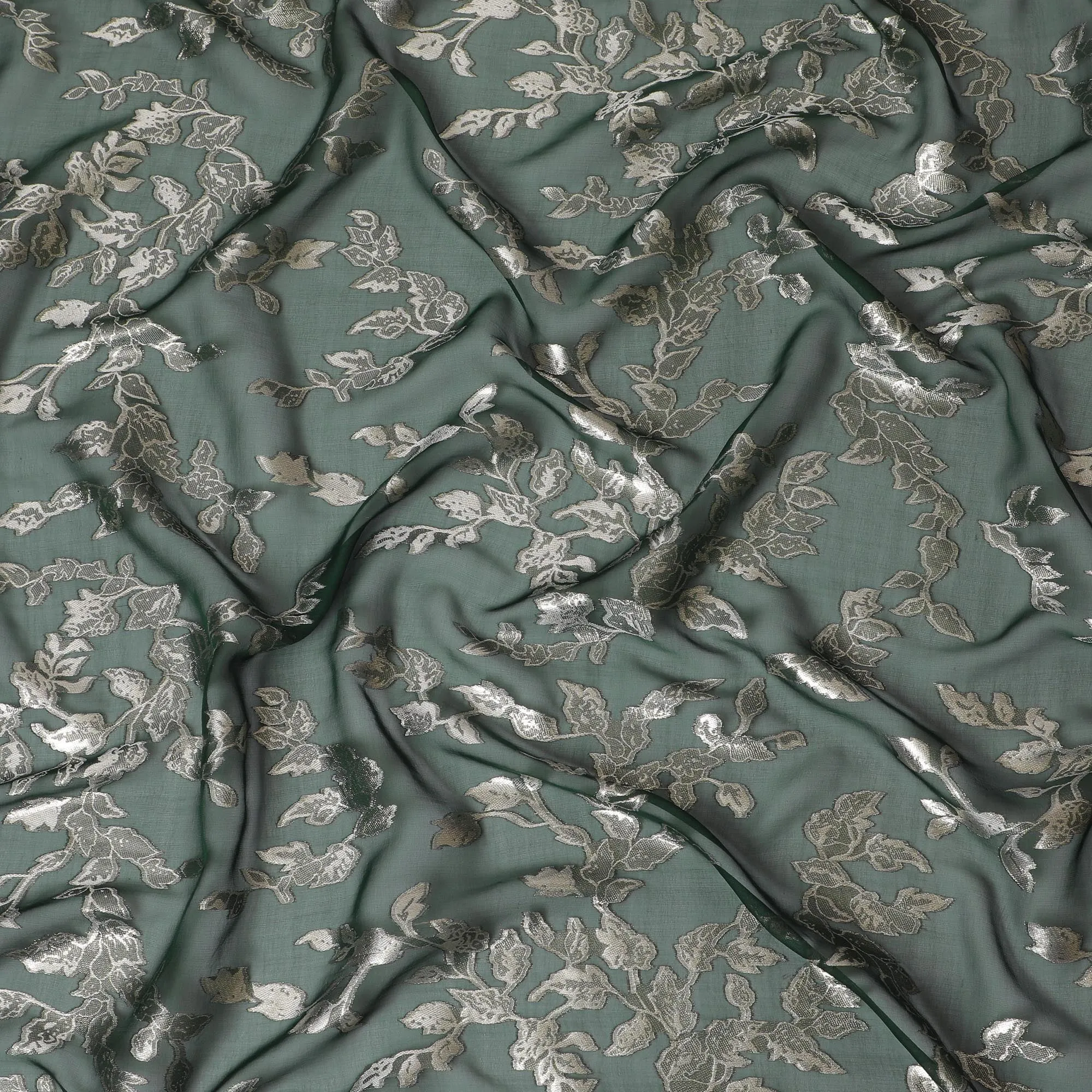 Elegant Bottle Green Silk Chiffon Fabric with Metallic Lurex Floral Design, 110 cm Width, South Korea-D19708