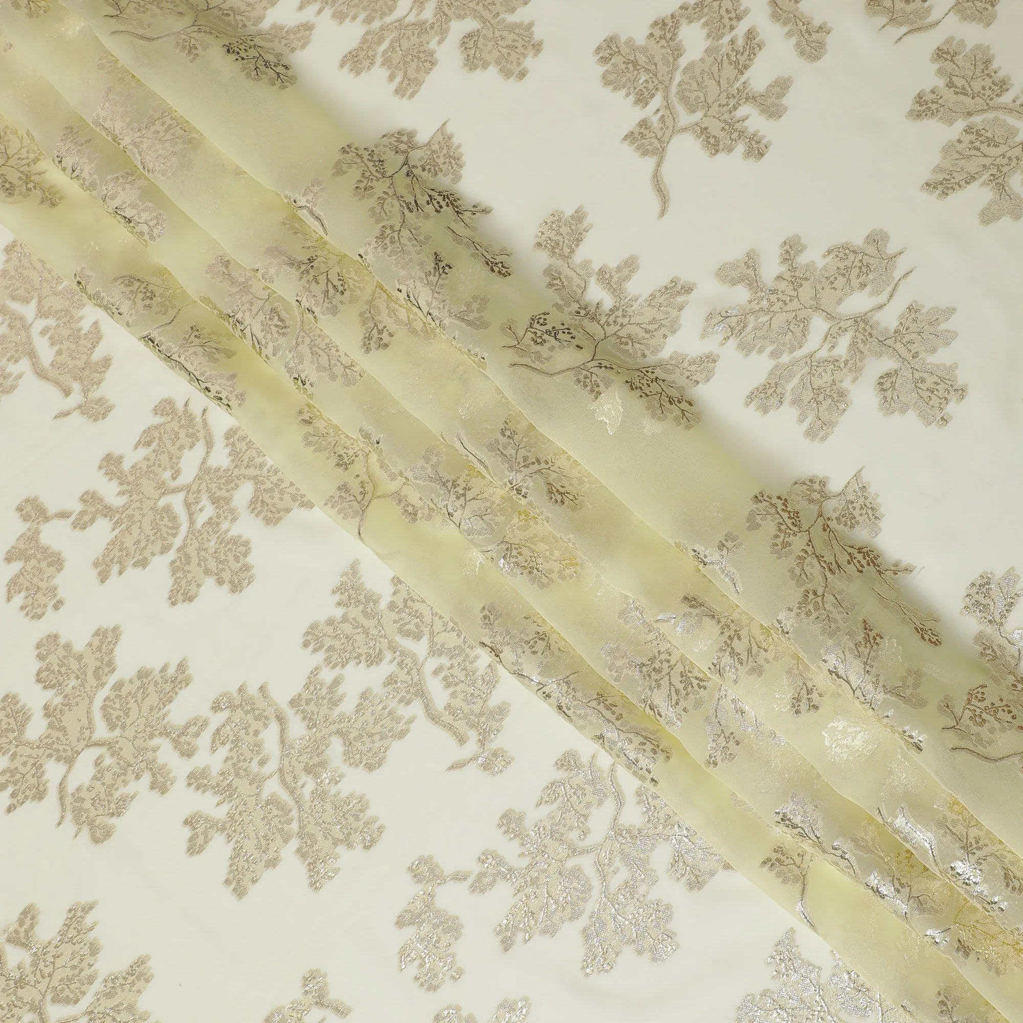 Elegant Cream Silk Chiffon Fabric with Metallic Lurex Floral Design, 110 cm Width, South Korea-D19725