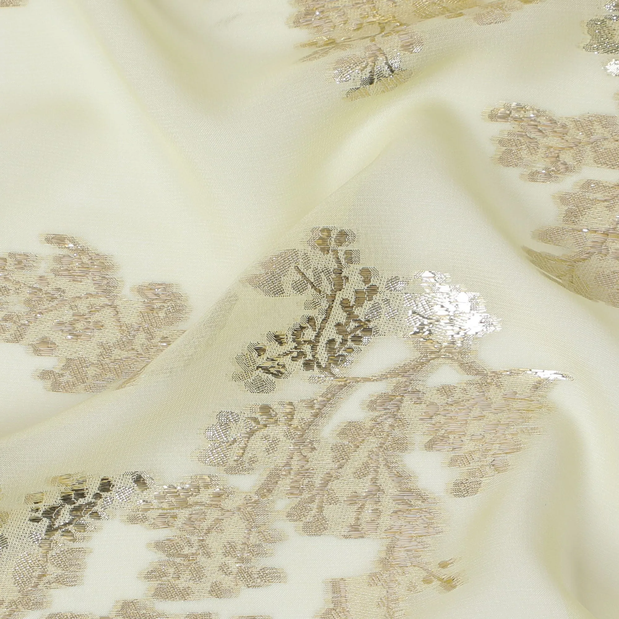 Elegant Cream Silk Chiffon Fabric with Metallic Lurex Floral Design, 110 cm Width, South Korea-D19725