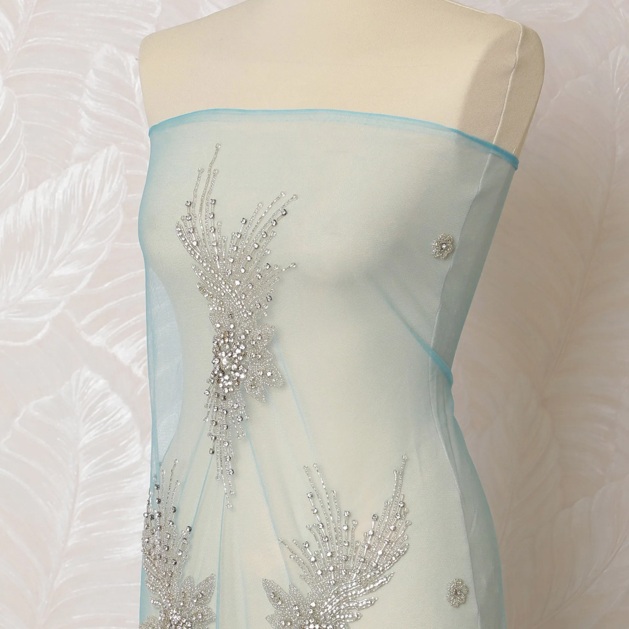 Elegant Ice Blue and Silver Embroidered Nylon Tulle Fabric, 140 cm Wide â€“ Exquisite Snowflake Design-D19251