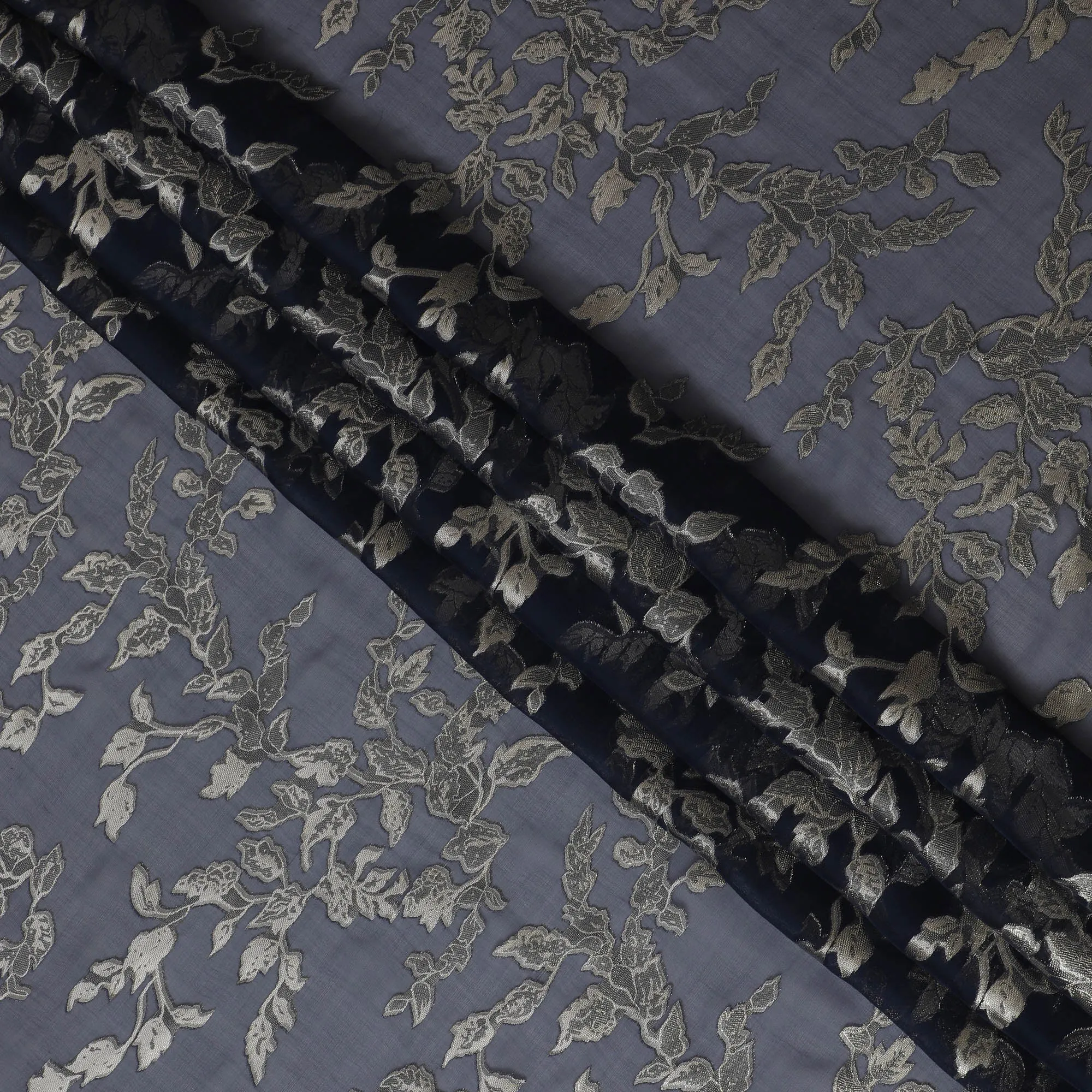 Elegant Midnight Blue Silk Chiffon Fabric with Metallic Lurex Floral Design, 110 cm Width, South Korea-D19710