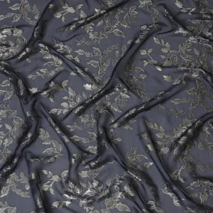 Elegant Midnight Blue Silk Chiffon Fabric with Metallic Lurex Floral Design, 110 cm Width, South Korea-D19710