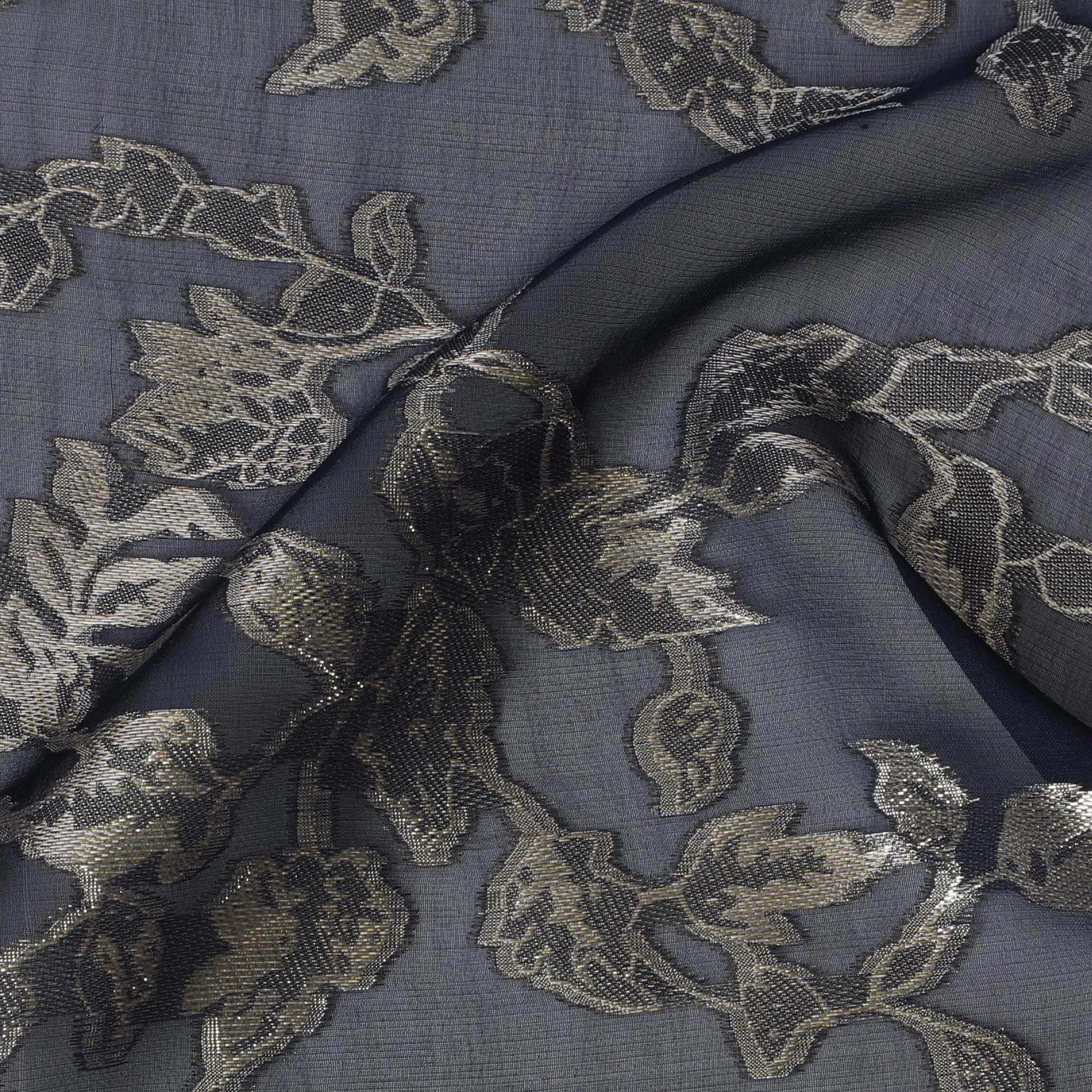 Elegant Midnight Blue Silk Chiffon Fabric with Metallic Lurex Floral Design, 110 cm Width, South Korea-D19710