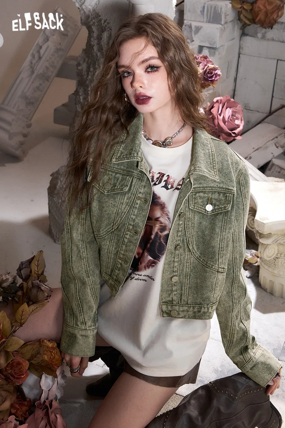 ELFSACK 2024 Autumn New Arrivals Green retro American lapel sweet cool wasteland style denim short jacket for women