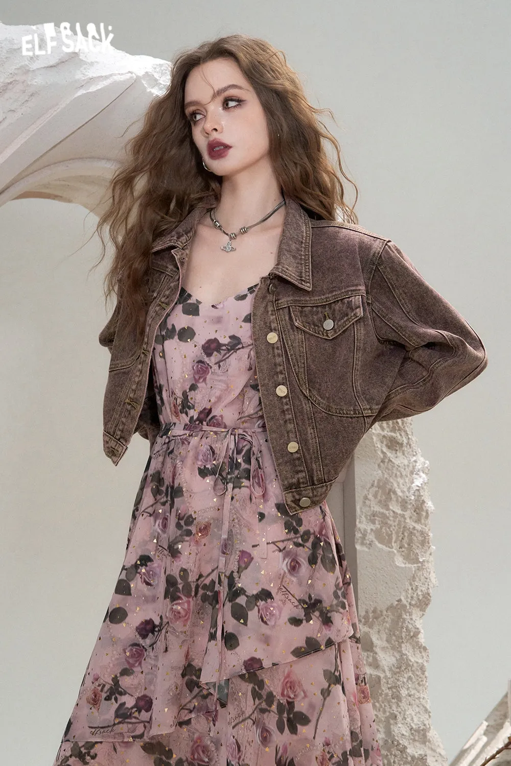 ELFSACK 2024 Autumn New Arrivals Green retro American lapel sweet cool wasteland style denim short jacket for women