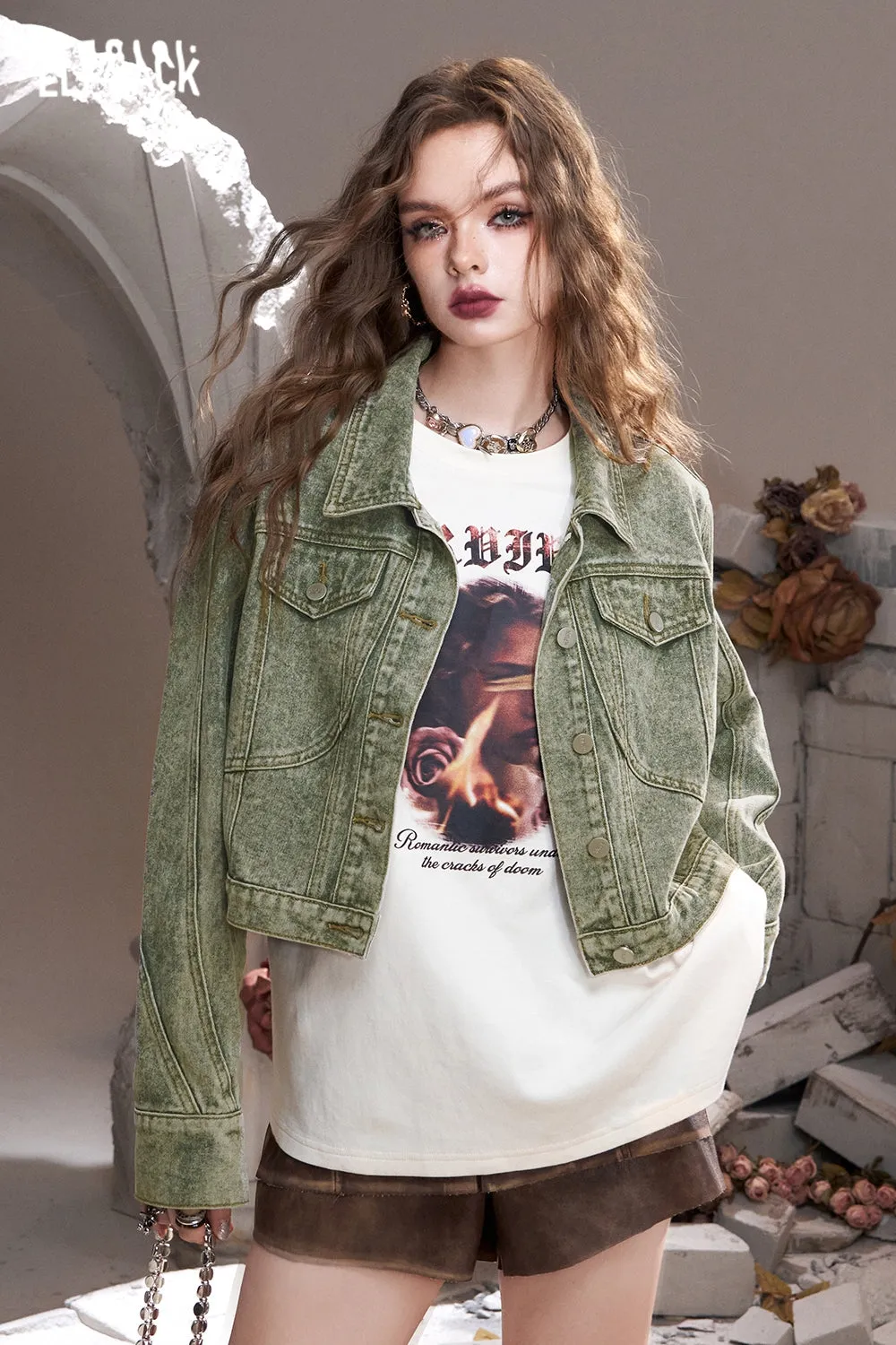 ELFSACK 2024 Autumn New Arrivals Green retro American lapel sweet cool wasteland style denim short jacket for women