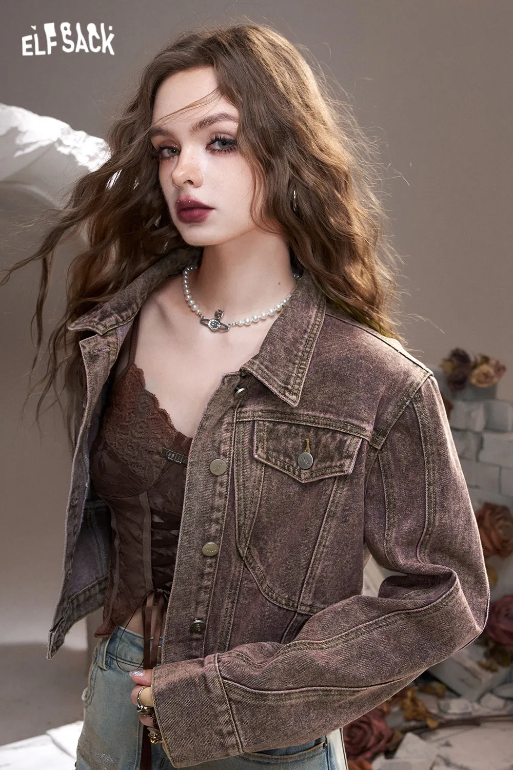 ELFSACK 2024 Autumn New Arrivals Green retro American lapel sweet cool wasteland style denim short jacket for women