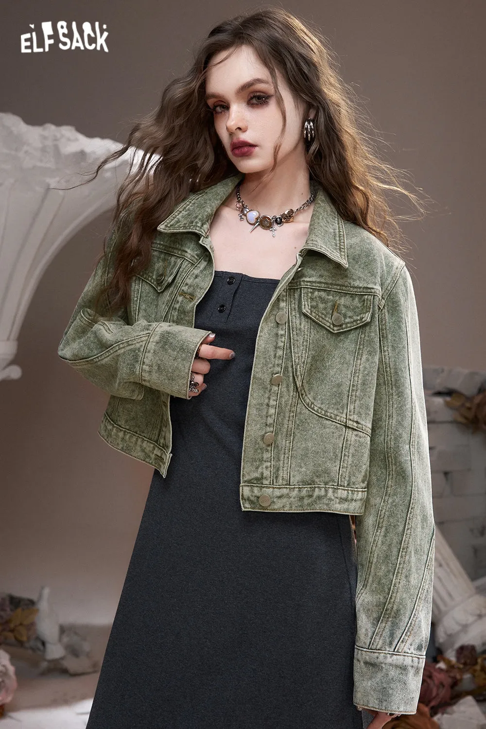 ELFSACK 2024 Autumn New Arrivals Green retro American lapel sweet cool wasteland style denim short jacket for women