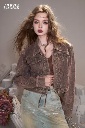 ELFSACK 2024 Autumn New Arrivals Green retro American lapel sweet cool wasteland style denim short jacket for women