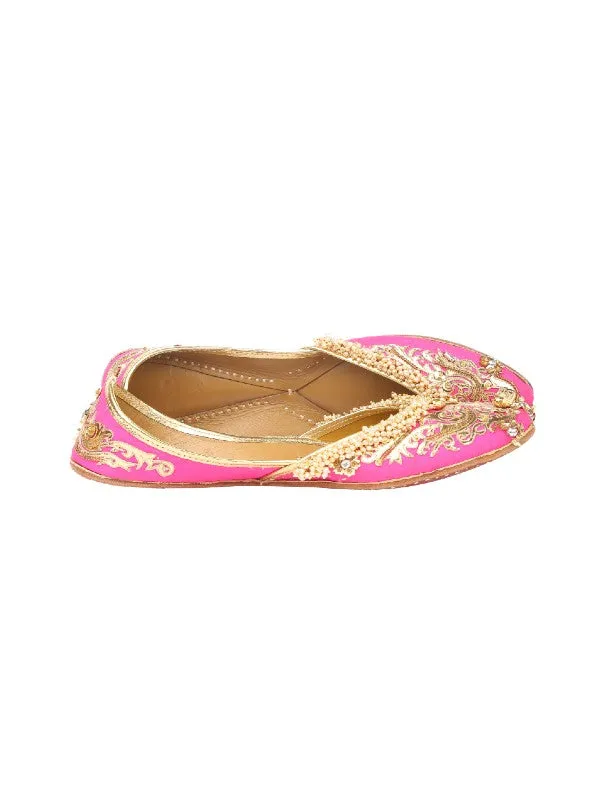 Eveline - Pink Embellished Silk & Leather Juttis