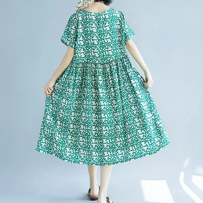 fashion green Midi chiffon dresses trendy plus size holiday dresses Fine short sleeve floral o neck dresses