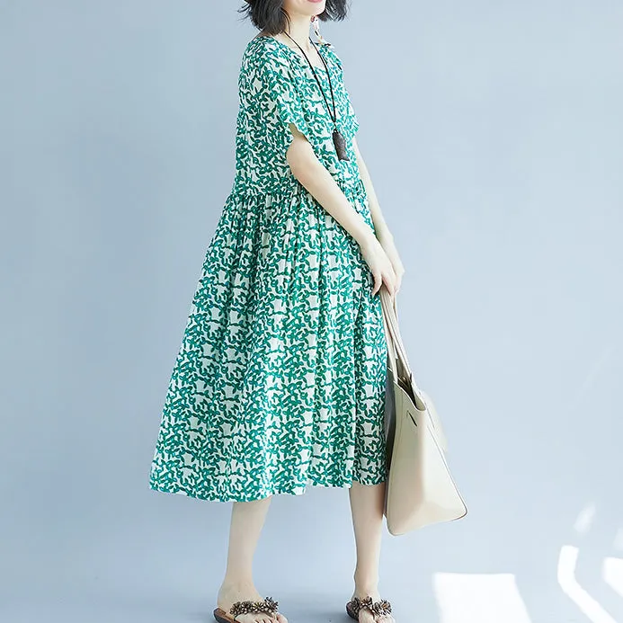 fashion green Midi chiffon dresses trendy plus size holiday dresses Fine short sleeve floral o neck dresses