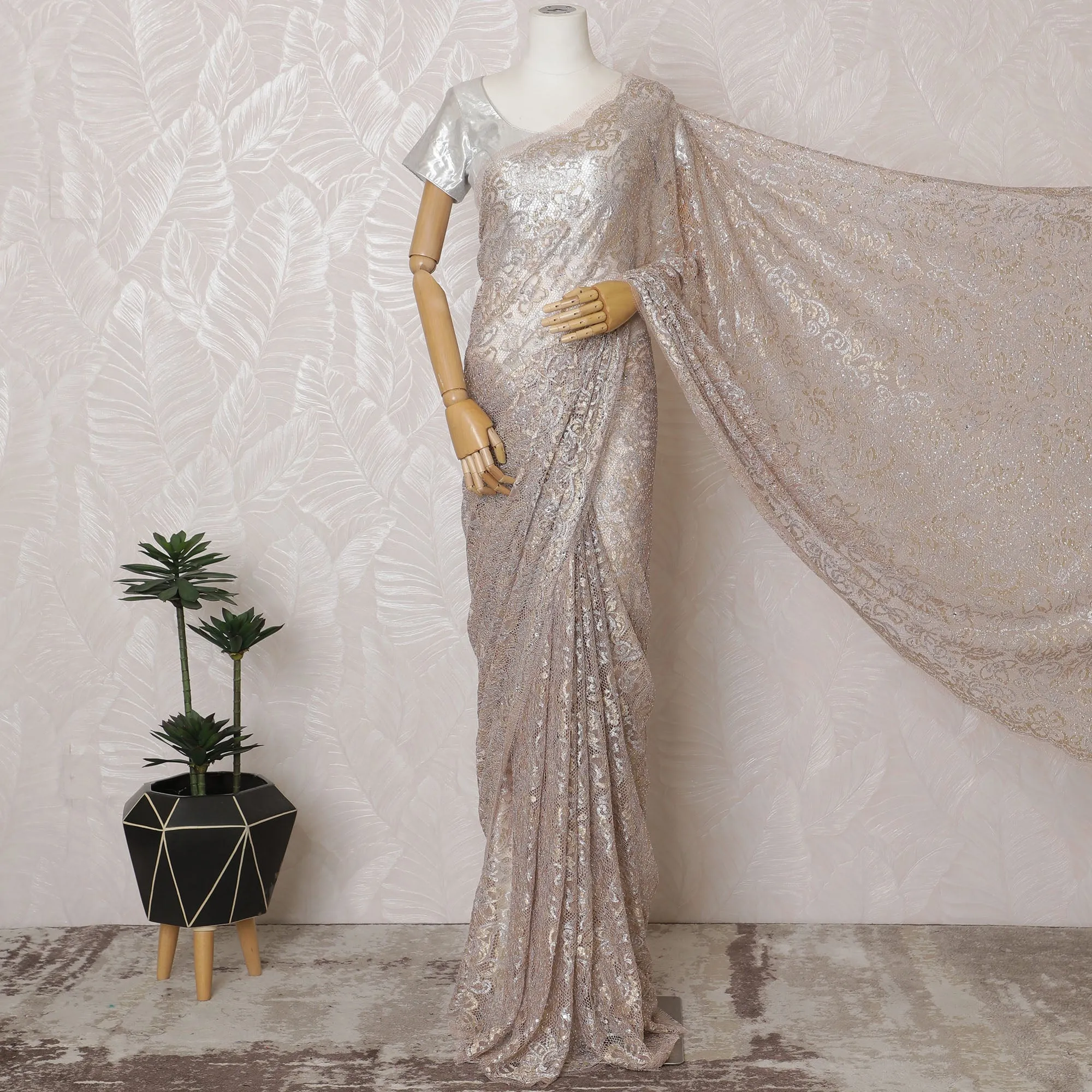 French Metallic Blush Pink Chantilly Saree Lace with Stone Work – 110 cm Width, 5.5 Meters, Made in France-D19427