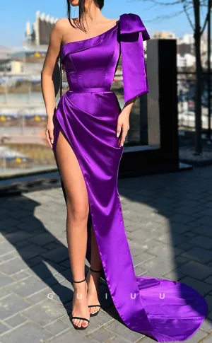 G2594 - Classic & Timeless One Shoulder Satin Purple Long Prom Evening Dresses