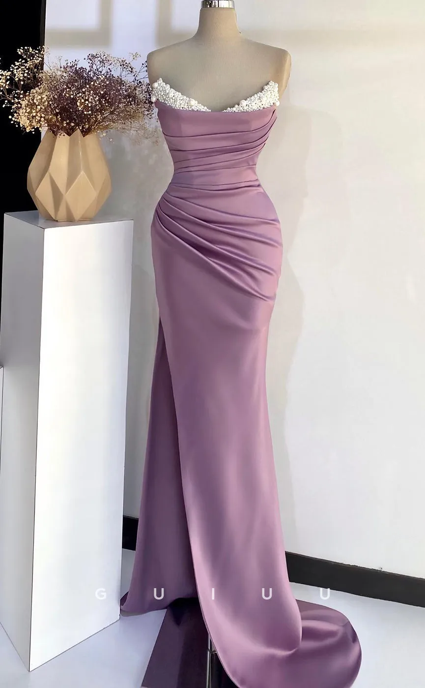 G2723 - Elegant Simple Beaded Strapless Ruchred Lotus Long Porm Evening Dress