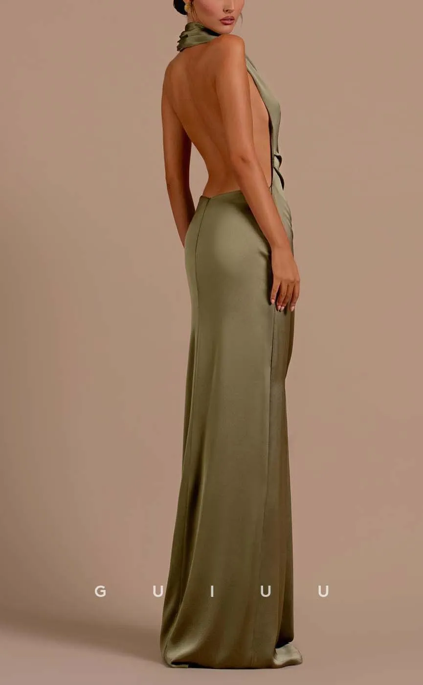 G3220 - Sexy & Sheath High Neck Satin Pleats Long Open Back Formal Prom Dresses