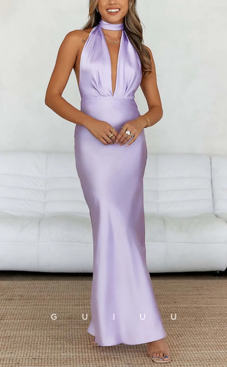 G3267 - Classic & Timeless V-Neck Halter Lilac Long Party Prom Evening Dresses