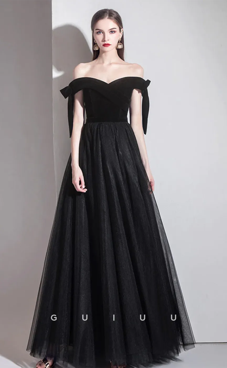 G4631 - Elegant & Timeless  A-Line Off-Shoulder Black Tulle Formal Prom Gown