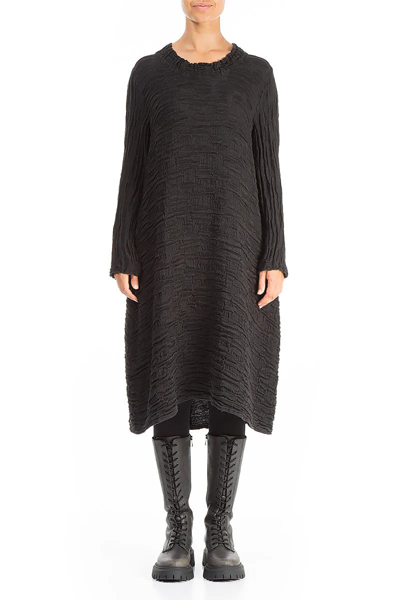 Gathered Neck Black Circle Silk Linen Dress