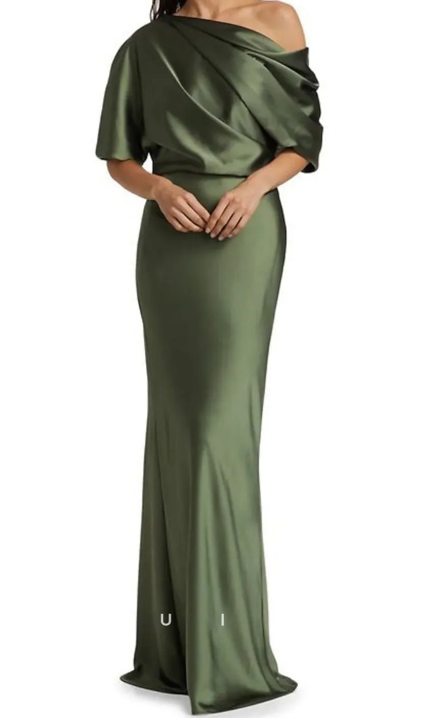 GM063 - Sheath One Shoulder Sweep Length Half Sleeves Back Zipper Mother of the Bride Dress