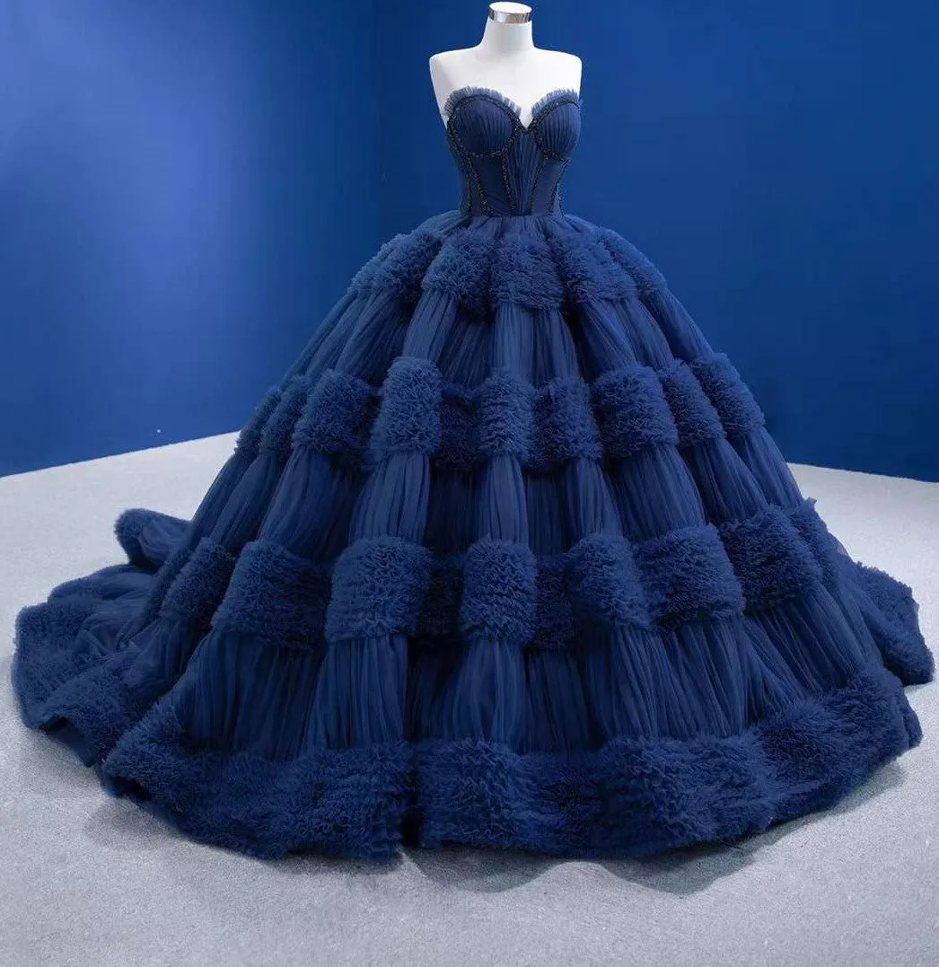 Graceful Backless Ball Gown Navy Blue Prom Dresses Quinceanera Dresses