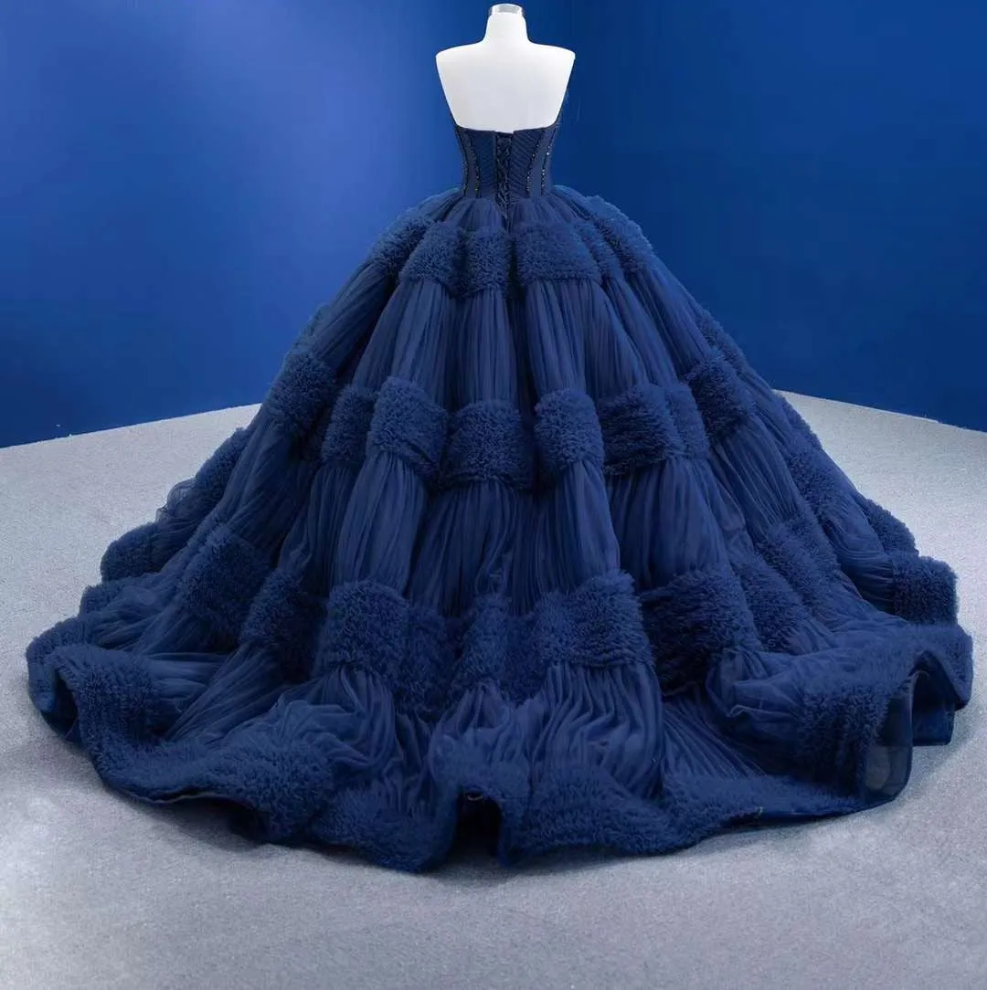 Graceful Backless Ball Gown Navy Blue Prom Dresses Quinceanera Dresses