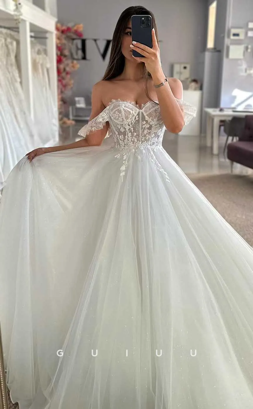 GW824 - Simple A-Line Off-Shoulder Appliques Court Train Wedding Dress