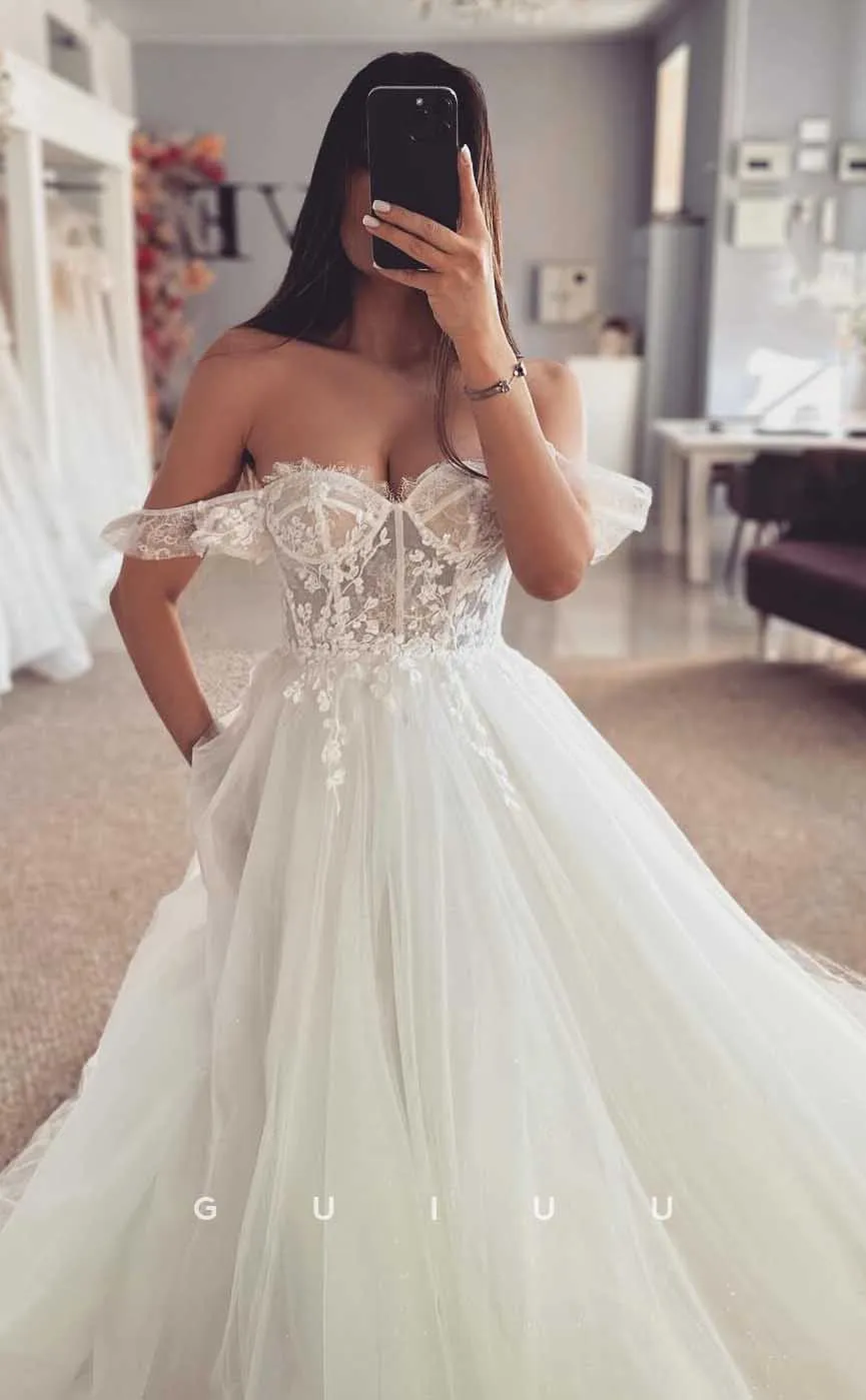 GW824 - Simple A-Line Off-Shoulder Appliques Court Train Wedding Dress