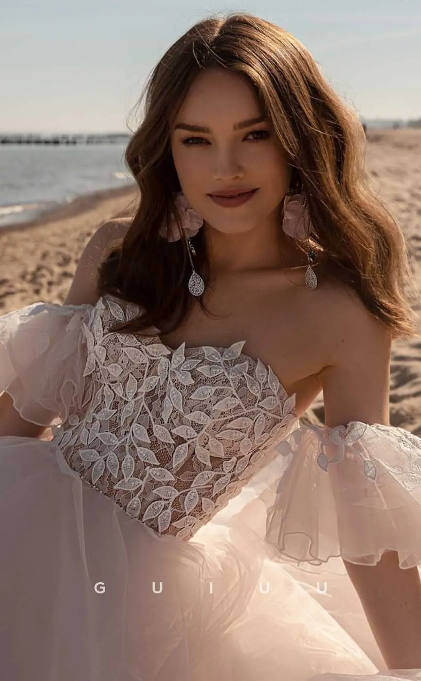 GW898 - A-Line Off-Shoulder Appliques Court Train Boho Beach Wedding Dress with Train