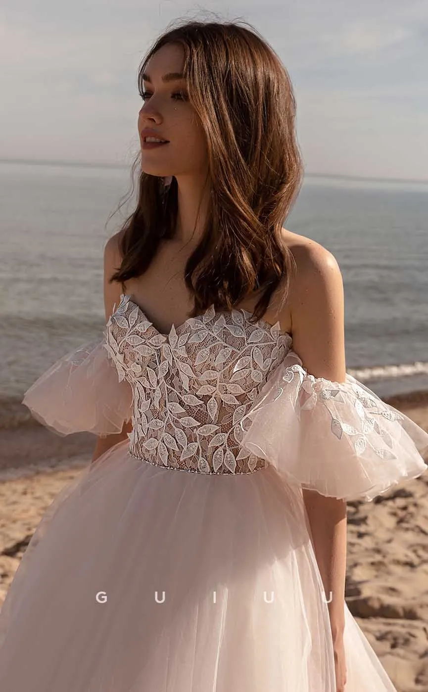 GW898 - A-Line Off-Shoulder Appliques Court Train Boho Beach Wedding Dress with Train