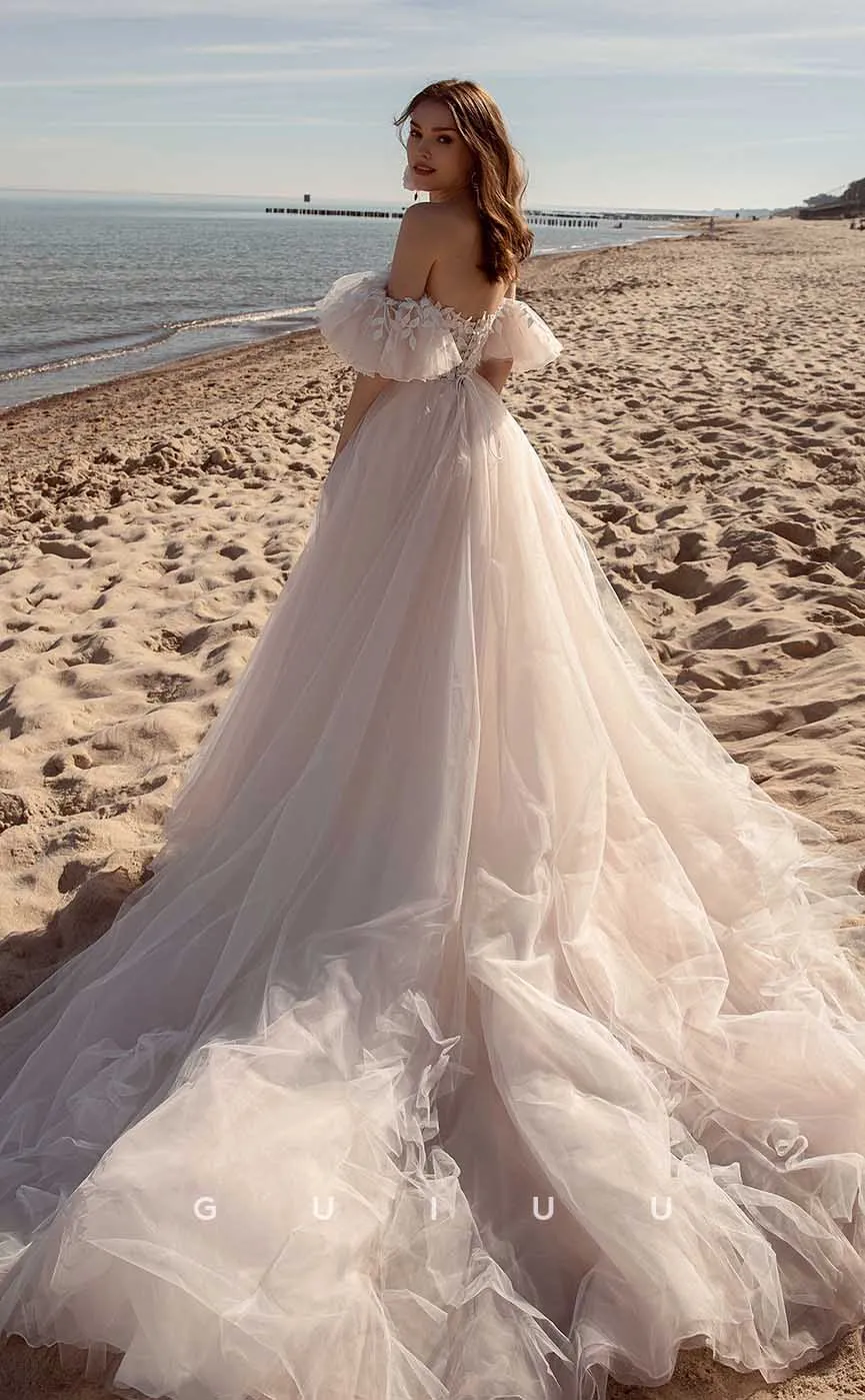 GW898 - A-Line Off-Shoulder Appliques Court Train Boho Beach Wedding Dress with Train