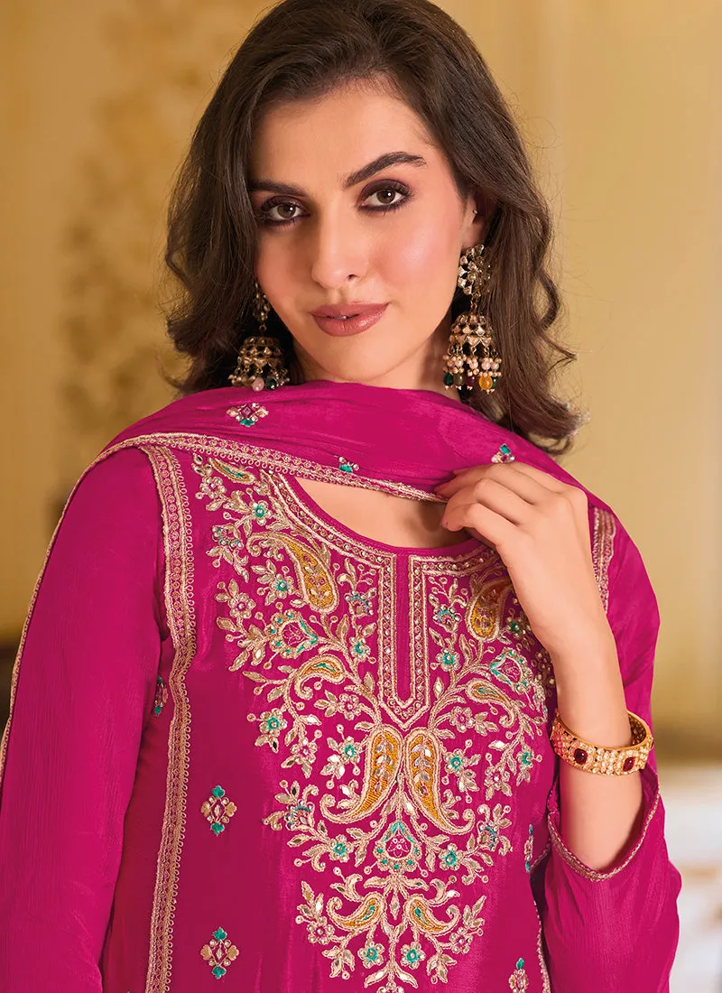 Hot Pink Crystal Stone Embroidery Pant Style Suit