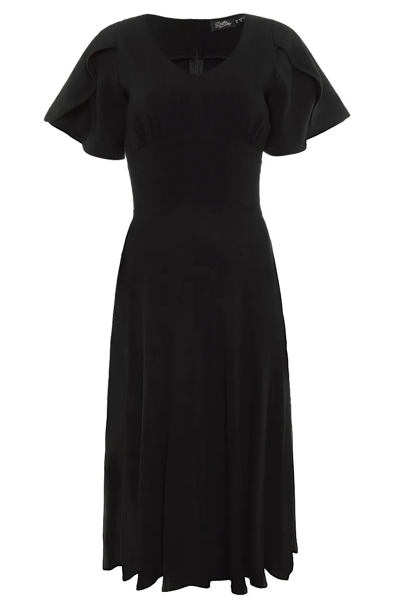 Janice Tea Swing Dress with Petal Sleeves in Black