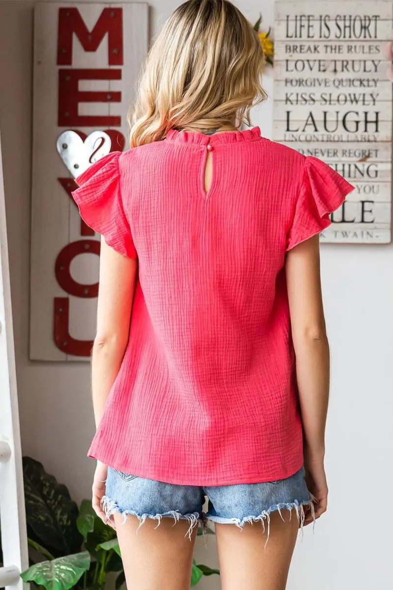 Jenna Crinkled Ruffle Casual Blouse