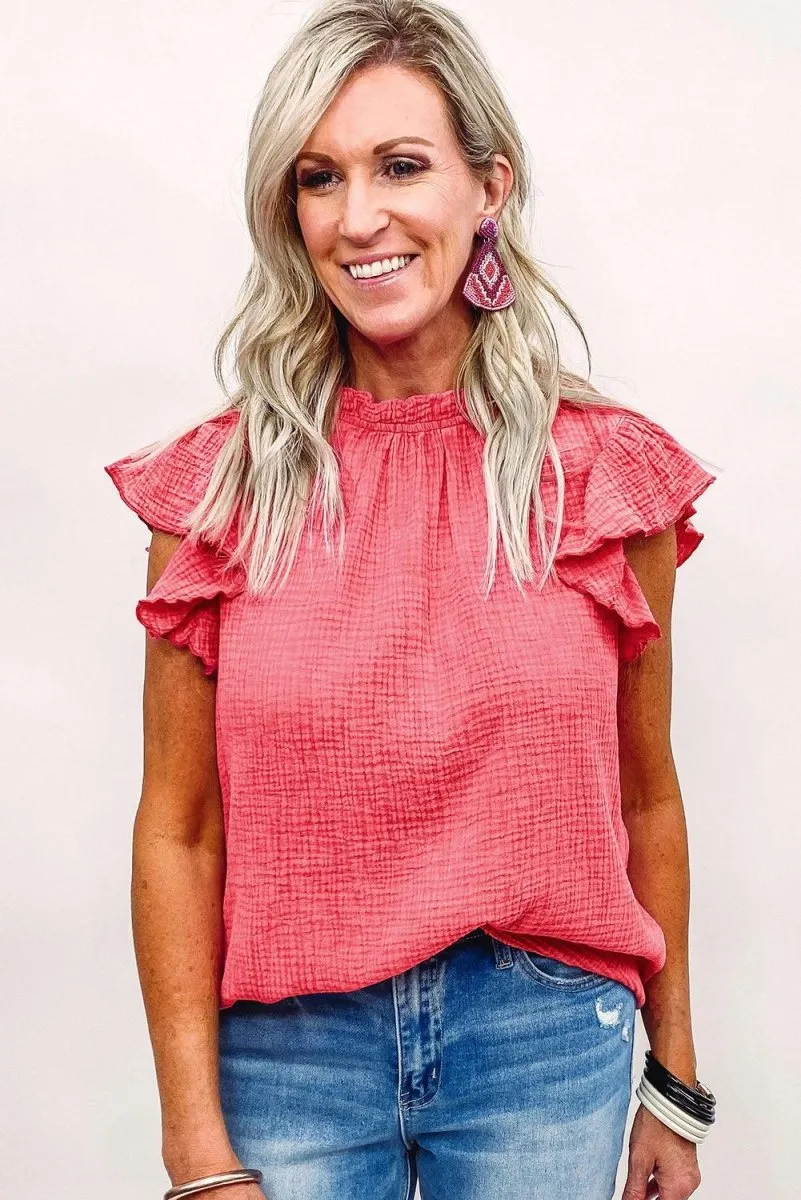 Jenna Crinkled Ruffle Casual Blouse