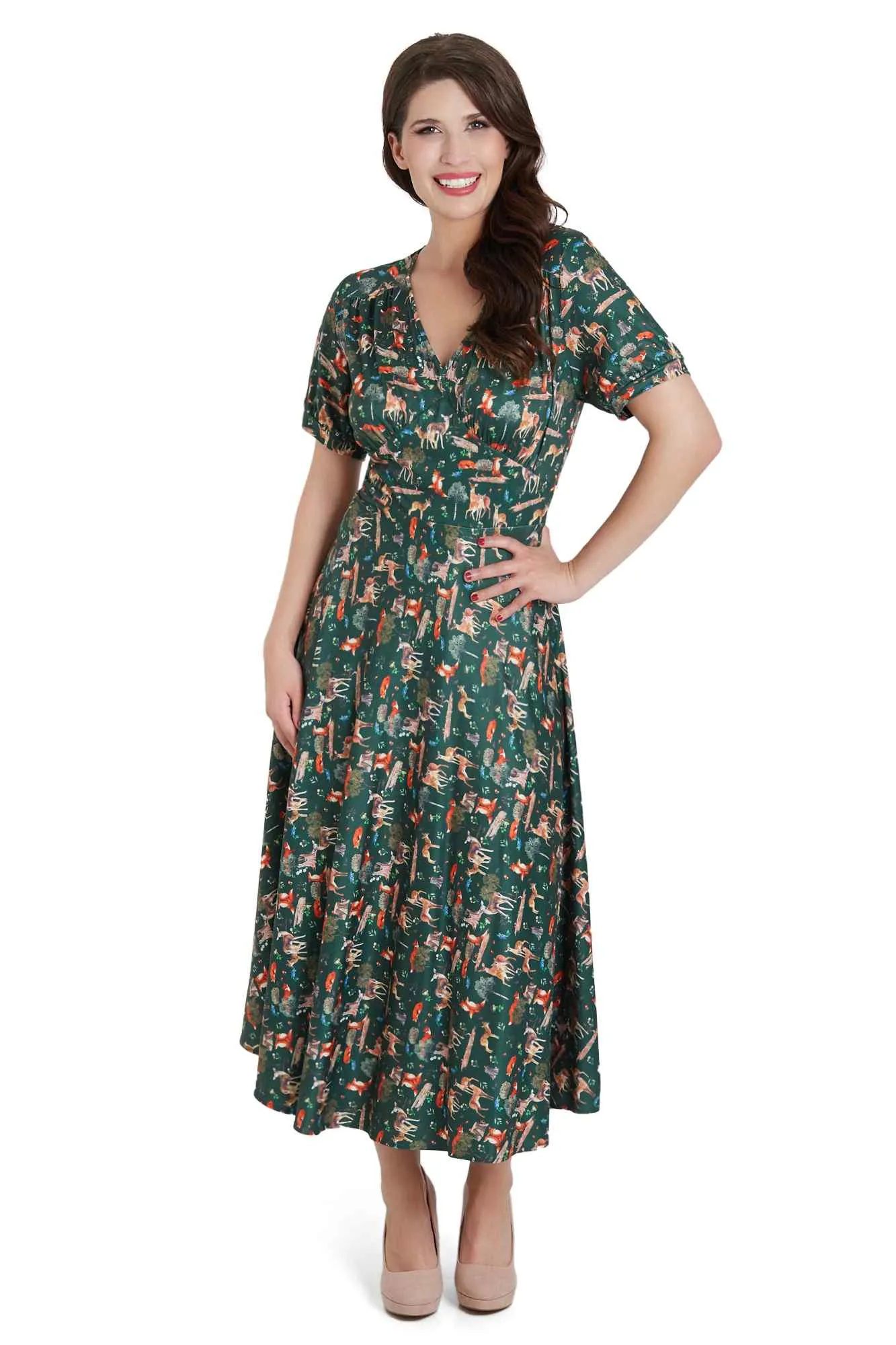 Julia Dark Green Woodland Sleeved Dress