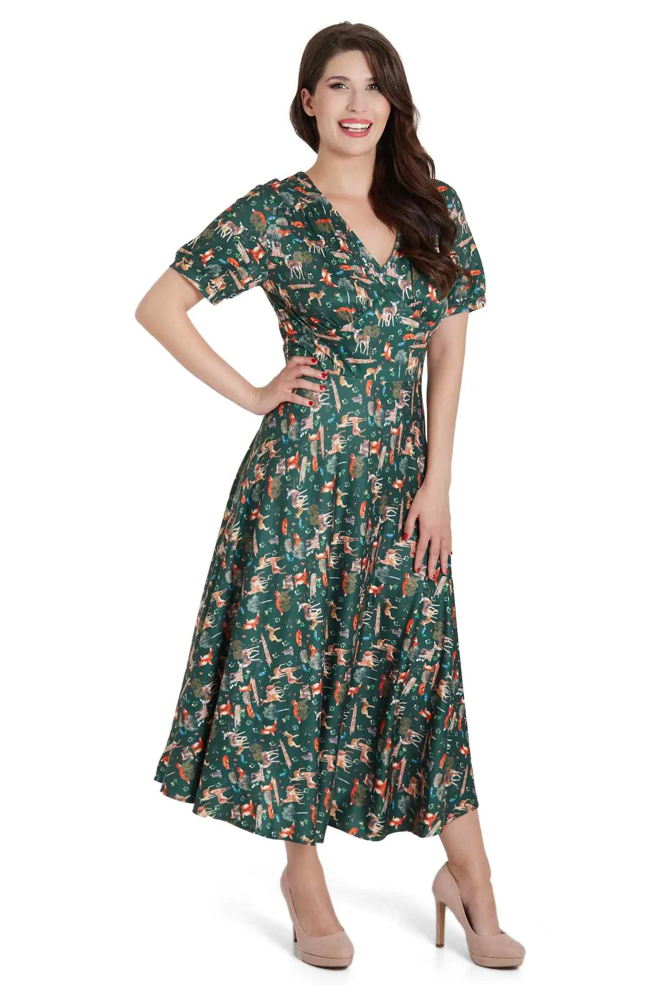 Julia Dark Green Woodland Sleeved Dress