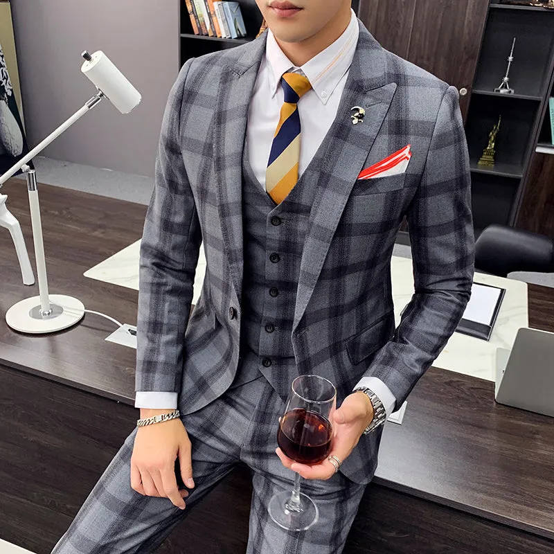 Khaki Gray Plaid Classic Slim Fit Formal Style Men Suits