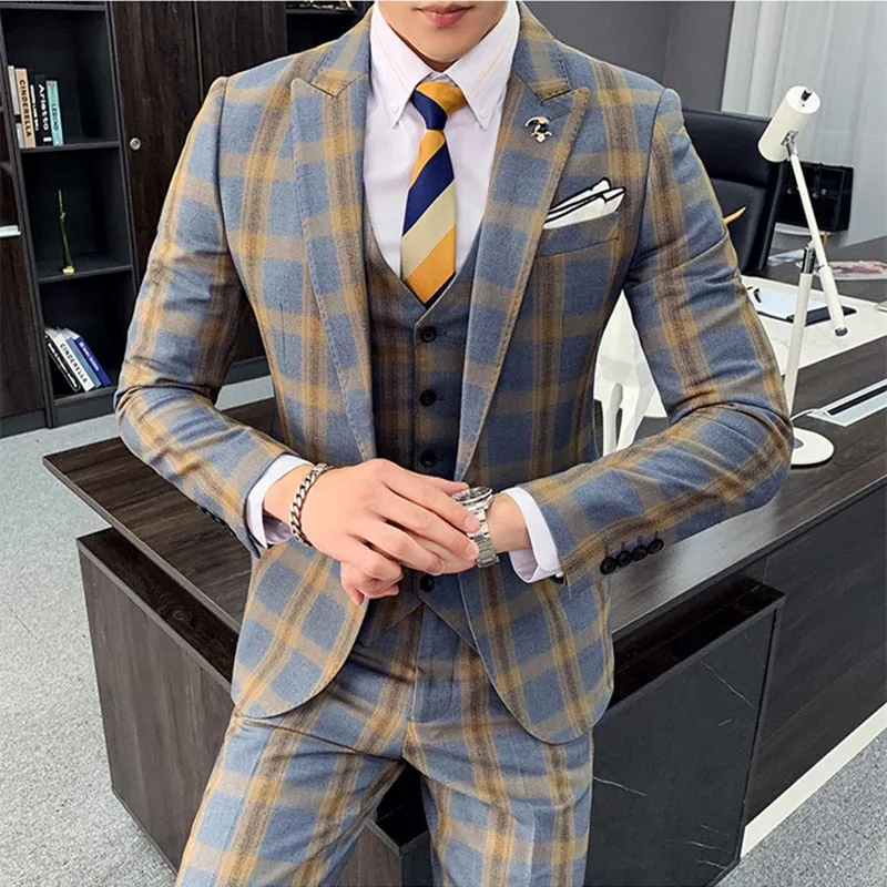 Khaki Gray Plaid Classic Slim Fit Formal Style Men Suits