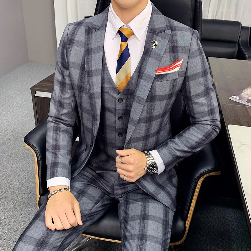 Khaki Gray Plaid Classic Slim Fit Formal Style Men Suits