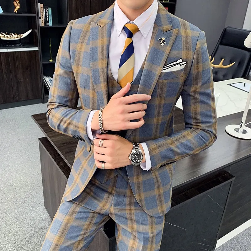 Khaki Gray Plaid Classic Slim Fit Formal Style Men Suits