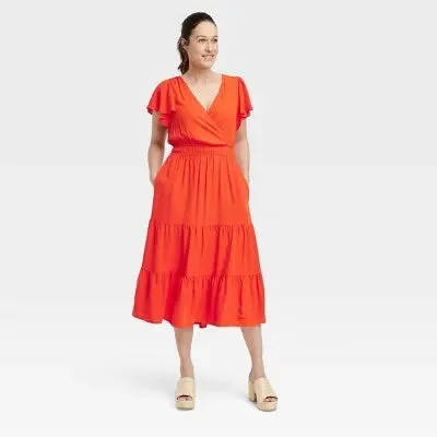 Knox Rose Women's Flutter Short Sleeve A-Line Tiered Dress Cinched Waist