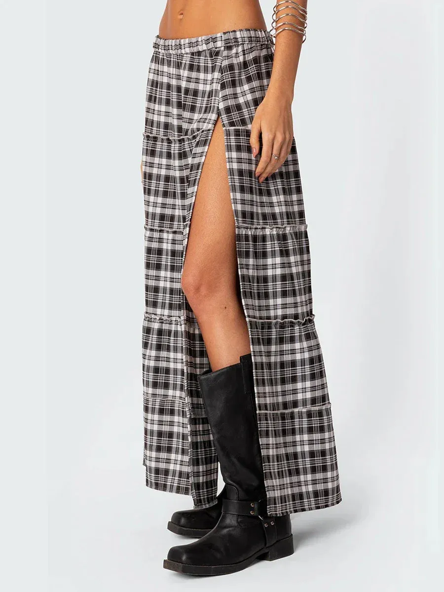 Long Vintage Elastic Waist Side Slit Tiered Midi Casual Flowy Black Trend Plaid Skirt