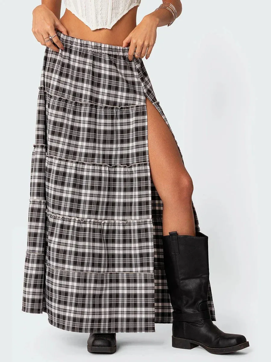 Long Vintage Elastic Waist Side Slit Tiered Midi Casual Flowy Black Trend Plaid Skirt