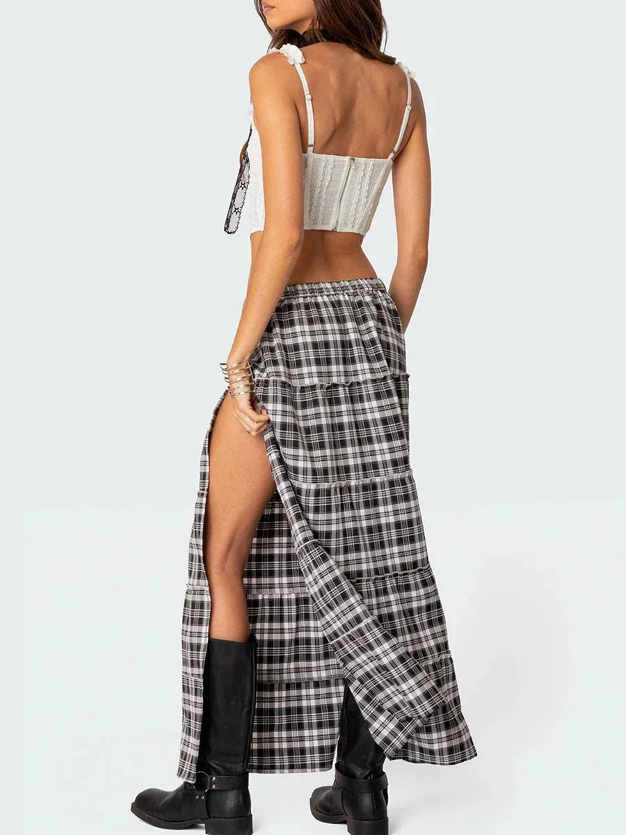 Long Vintage Elastic Waist Side Slit Tiered Midi Casual Flowy Black Trend Plaid Skirt