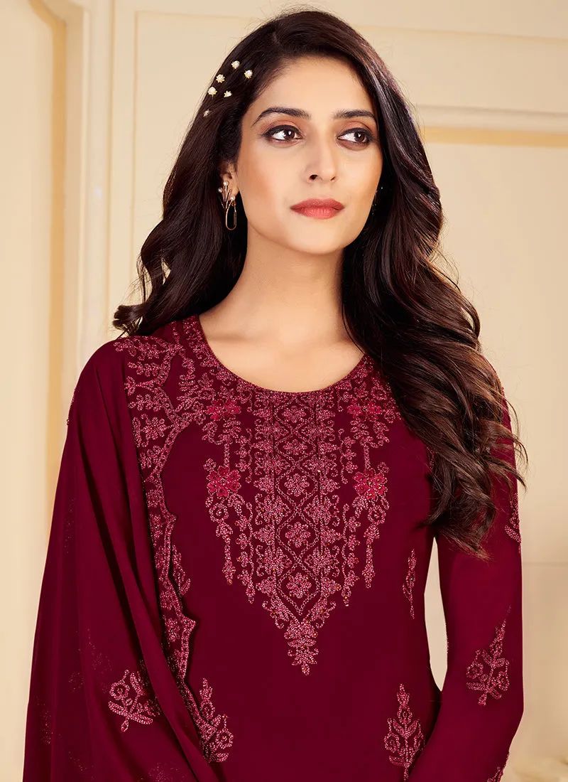 Maroon Georgette Embroidered Eid Salwar Kameez