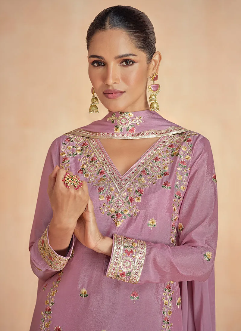 Mauve Purple Multi Embroidery Festive Palazzo Suit