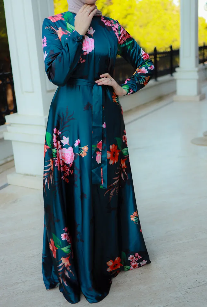 Meryam modest maxi dress in matt florals with detachable belt