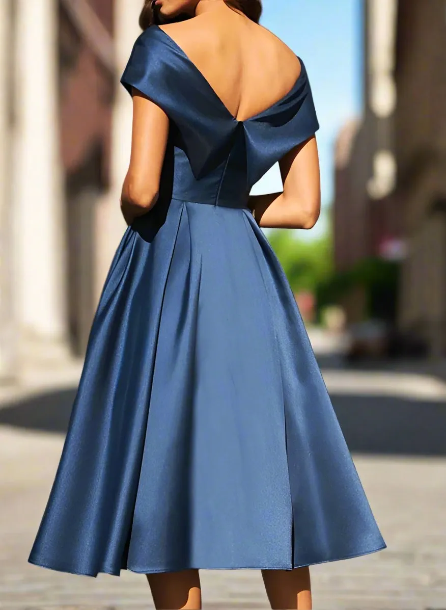 Navy Blue Off-The-Shoulder A-Line Satin Tea Length Mother of The Bride Dresses