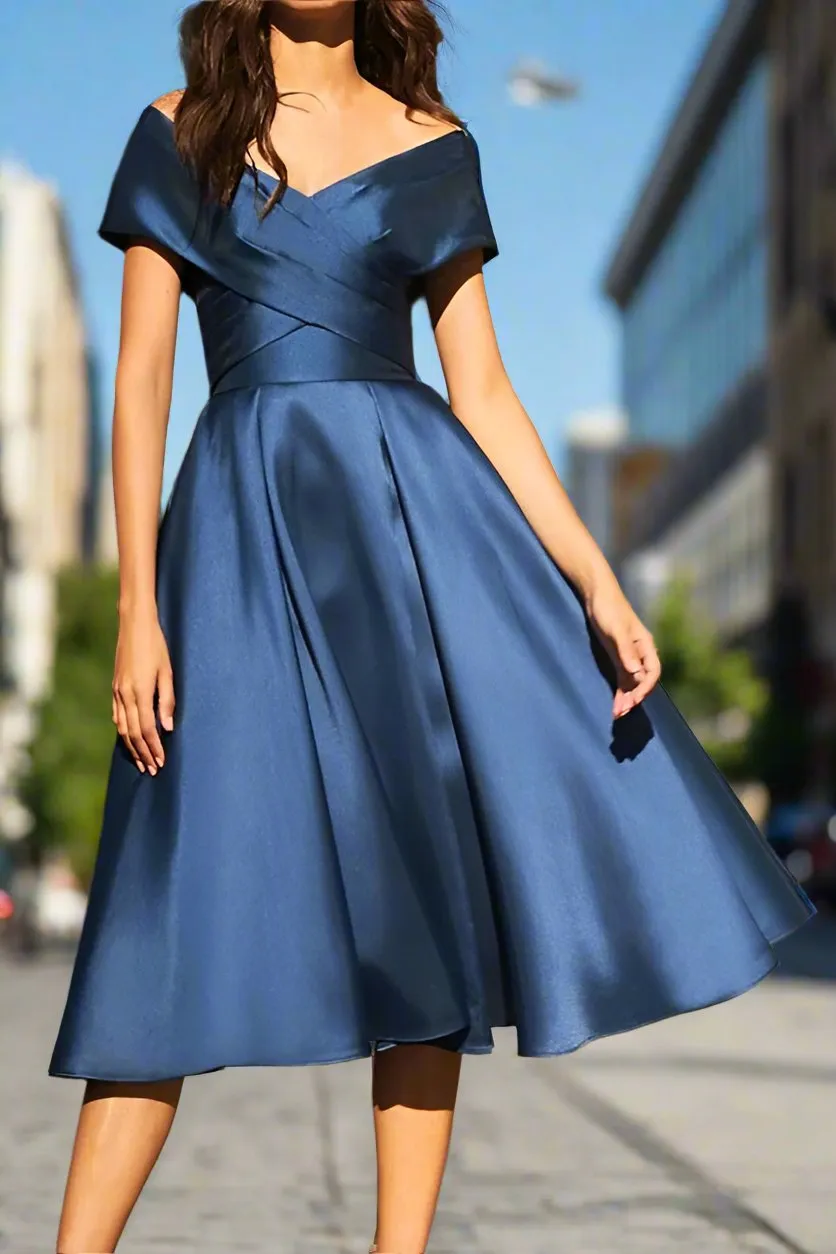 Navy Blue Off-The-Shoulder A-Line Satin Tea Length Mother of The Bride Dresses